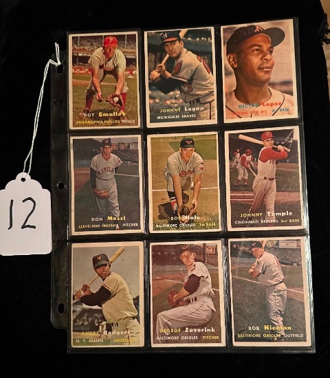 LOT OF 9 1957 TOPPS BASEBALL CARDS INCLUDING MILWAUKEE BRAVES, KANSAS CITY A'S, NEW YORK GIANTS +