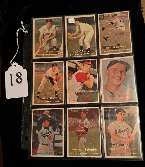 LOT OF 9 1957 TOPPS BASEBALL CARDS INCLUDING BROOKLYN DODGERS & MORE