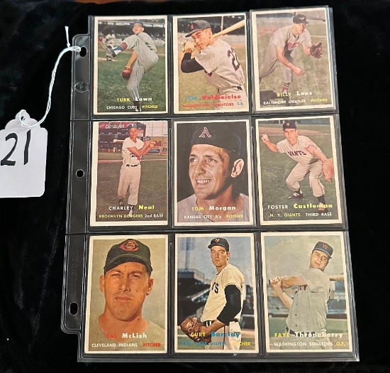 LOT OF 9 1957 TOPPS BASEBALL CARDS INCLUDING BROOKLYN DODGERS, KANSAS CITY A'S, NEW YORK GIANTS & +