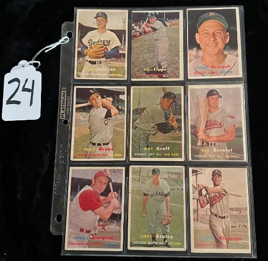LOT OF 9 1957 TOPPS BASEBALL CARDS INCLUDING BROOKLYN DODGERS, KANSAS CITY A'S & MORE