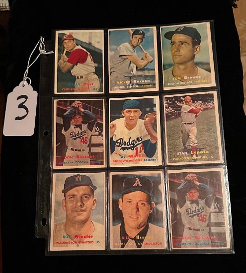 LOT OF 9 1957 TOPPS BASEBALL CARDS - INCLUDING BROOKLYN DODGERS & KANSAS CITS A'S & MORE