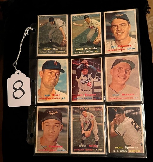 LOT OF 9 1957 TOPPS BASEBALL CARDS, INCLUDING BROOKLYN DODGERS, NEW YORK GIANTS AND MORE