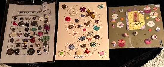 LOT OF 3 - SYMBOLS, BUTTERFLIES & CAKE BUTTON DISPLAY CARDS