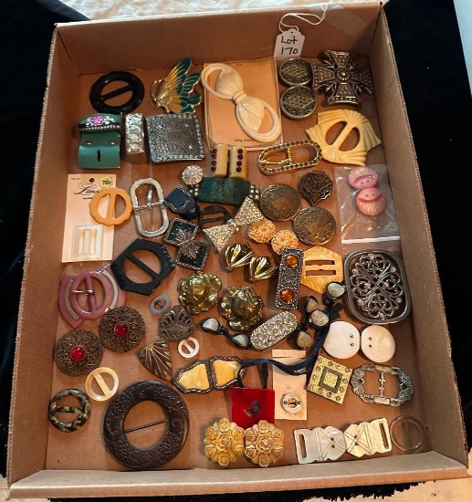 FLAT LOT OF BELT BUCKLES, INCLUDING VINTAGE & SOME W/ MARKS