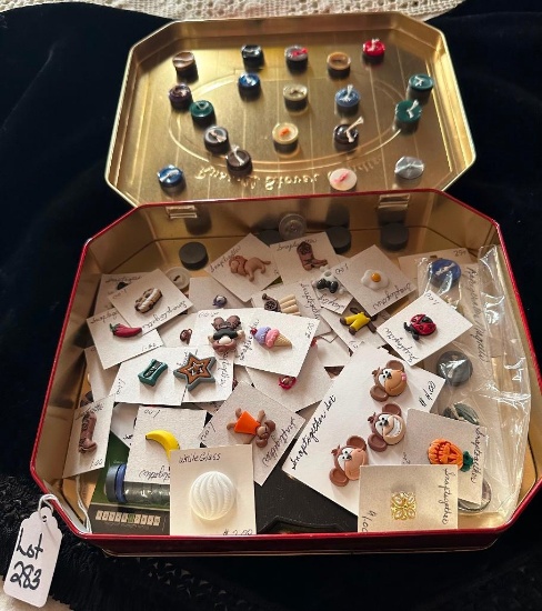 TIN OF BUTTON MAGNETS, SNAP TOGETHERS & MORE