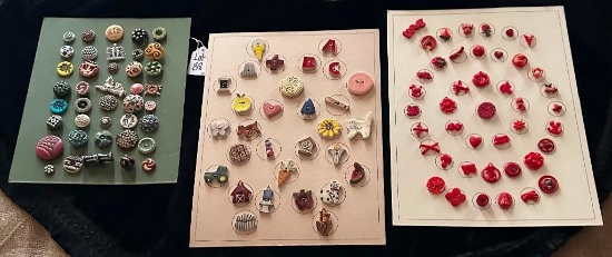 LOT OF 3 - CERAMIC, VINTAGE RED & MORE BUTTON DISPLAY CARDS
