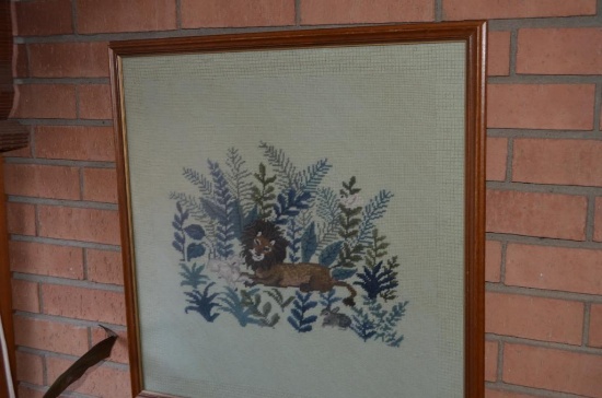 23 in. square Lion needle point picture