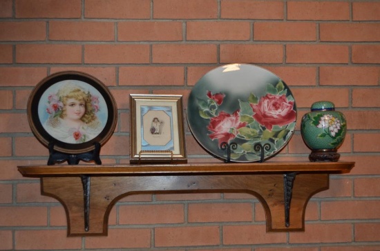 Items on shelf to include floral plate, brass urn, blue plate, etc.