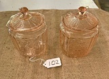 LOT OF 2 - PINK DEPRESSION GLASS COOKIE JARS - LIDS HAVE CHIPS