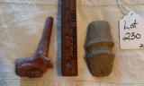 LOT OF 2 - CARVED PIPE & ROCK INDIAN ARTIFACT