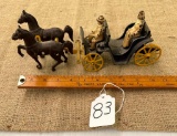 STANLEY TOYS CAST IRON HORSE & CARRIAGE W/ PEOPLE - DAMAGE TO ONE HORSE