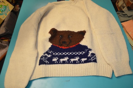 Post Horn 100% Wool hand knitted sweater with Bear