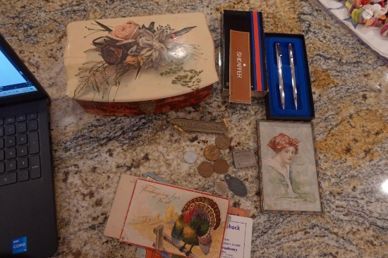 Sheaffer Pen, Dresser box, Postcards, 1 cent stamp in Silver Case etc.
