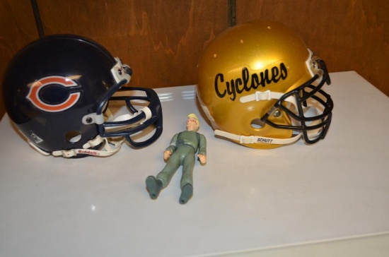 Two Mini Football Helmets and a Ghostbuster Action Figure