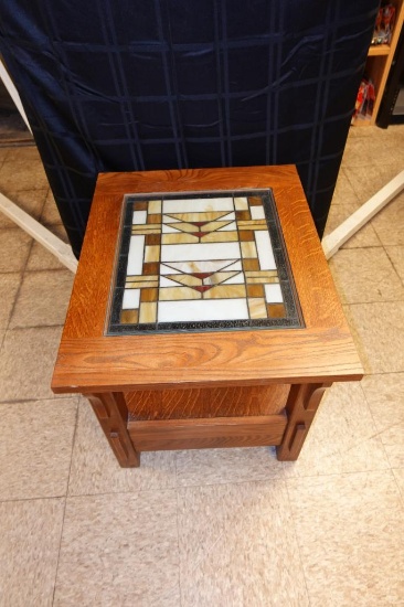 Single drawer Stain Glass Top Wooden End Table