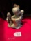 UNIVERSAL STATUARY CORP. JAPANESE GIRL CARRYING BABY BROTHER GREEN & BRONZE CHALK STATUE