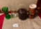 LOT OF 4, GLASS VASES, PHEASANT STEIN & COOKIE JAR (HANDLE BROKEN)