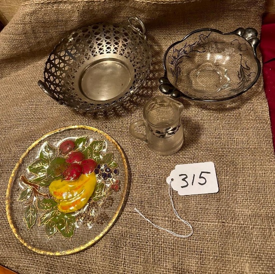 LOT OF 4 - GLASS FRUIT PLATTER, METAL BOWL, SILVER TRIMMED CLEAR DISH. & PITCHER (PITCHER CHIP)