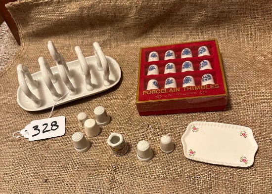 GROUP OF PORCELAIN THIMBLES, TRAY & MORE