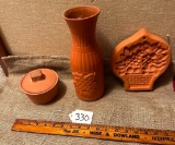 LOT OF 3 - TERRA COTTA PIECES - CHIP ON LIP OF VASE
