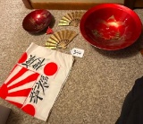 GROUP OF ORIENTAL BOWLS, JAPANESE CLOTH & MORE