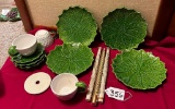 SET OF GREEN LEAF PATTERN DISHES, CANDLES & MORE