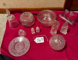 CLEAR GLASS LOT, INCLUDING COVERED HINGED BOX, BELL, FOSTORIA SALT & PEPPER SHAKERS & MORE