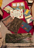 FLAT OF VINTAGE MATERIAL ITEMS, TABLE RUNNERS HANKIE SHIRT & MORE