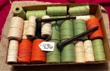 FLAT LOT OF COLORED SEWING THREAD & 2 WOODEN BOBBINS