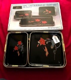 LOT OF 2 - HAND DECORATED 3 PC. LACQUERWARE TRAY SET - ONE STILL BOXED