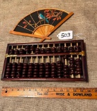 LOT OF 2 - WOODEN CHINESE ABACUS & HAND PAINTED CLOTH & WOOD FAN