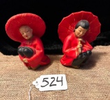 LOT OF 2 MID CENTURY CHALKWARE ASIAN FIGURINES - SOME CHIPS IN PAINT