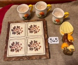 GROUP INCLUDING TILED HOT PLATE, MUSHROOM SPOON HOLDER & CUPS