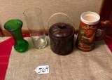 LOT OF 4, GLASS VASES, PHEASANT STEIN & COOKIE JAR (HANDLE BROKEN)