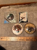 LOT OF 4 - VINTAGE DOME FRAMED FLORAL PICTURES & DEER WITH SLED PICTURE