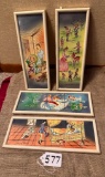 LOT OF 4 MADE IN JAPAN HAND PAINTED FAIRY TALE TILE FRAMED ART SIGNED ANDERSON, ONE IS DAMAGED