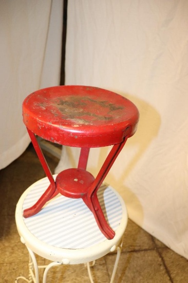 Primitive metal milking stool in red paint