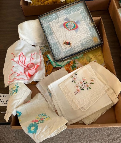 FLAT LOT OF VINTAGE HANKIES, SOME IN BOX & W/ TAGS