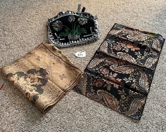 VINTAGE FLORAL BEADED PURSE & TABLE COVERINGS