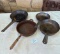 LOT OF 4 VINTAGE FRYING PANS INCLUDING CAST IRON W/ WOOD HANDLE & NATIONAL STEEL