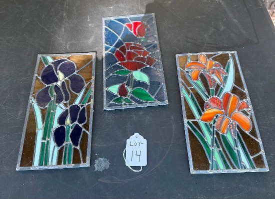 LOT OF 3 FLORAL STAINED GLASS PANELS 6"X12"
