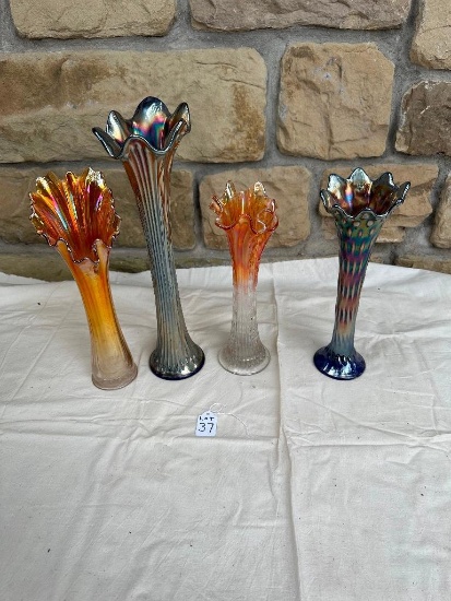 LOT OF 4 CARNIVAL GLASS VASES - PURPLE BOTTOM HAS CHIP