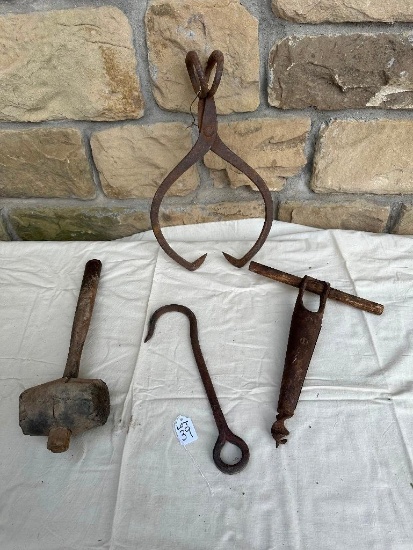 FLAT LOT OF PRIMITIVES ICE TONGS, MALLET, TAP & HOOK