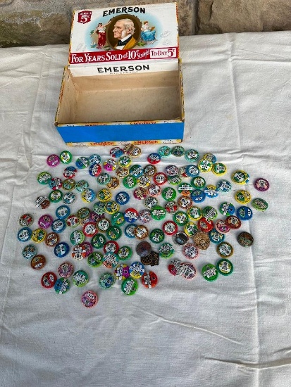 CIGAR BOX FILLED W/ TEAMSTER UNION PINS FROM THE 1960S, 1970S & 1980S