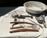 LOT OF ANTIQUE WOOD HANGERS, SCOOP AND MORE