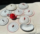 LOT OF RED ENAMEL TEAPOT AND ENAMELWARE LIDS