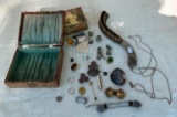 LOT INCLUDING 2 ANTIQUE DRESSER BOXES, ANTIQUE BRUSH, THIMBLES & JEWELRY