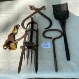 PRIMITIVE GROUP INCLUDING HAY HOOK, ICE TONGS, MOLE TRAP & MORE