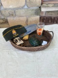 WICKER TRAY INCLUDING AMERICAN LEGION HATS, BUGS BUNNY GLASS & MORE