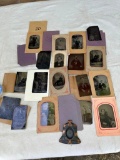 LOT OF ANTIQUE TIN TYPE PHOTOS AND OLD LIBERTY BELL FRAME